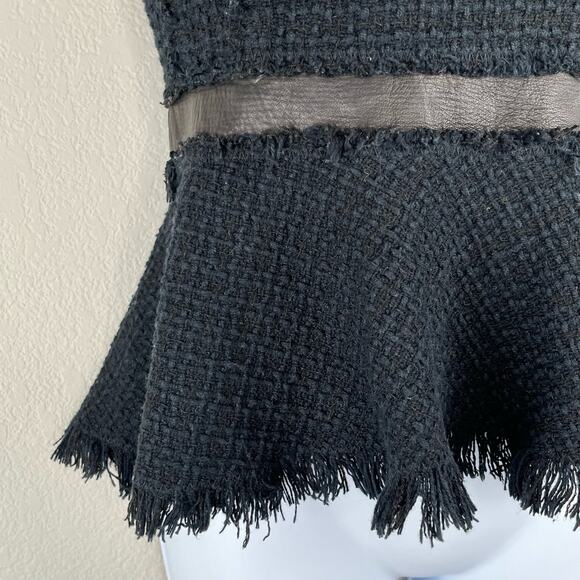Rebecca Taylor Black Tweed Peplum Fringe Leather Trim Wool Cap Sleeve Top 2 - Picture 9 of 16